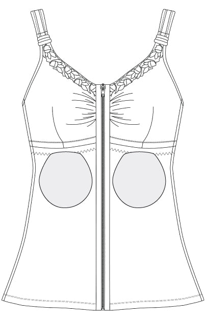 Hannah Post Breast Surgery Recovery Camisole    Zip front closure feature and padded, stretchable fabric straps fasten in front to make access during treatment easier and while recovering range-of-motion. Drain containment device with zip front closure and padded, stretchable fabric straps that fasten in front.