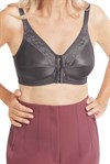 Nancy Pocketed Mastectomy Bra has been redesigned with front and back closures. Easy fitting bra with floral lace along the neckline.  The breathable COOLMAX pockets ensure your comfort.   Nancy comes in both nude and grey and a wide range of sizes.