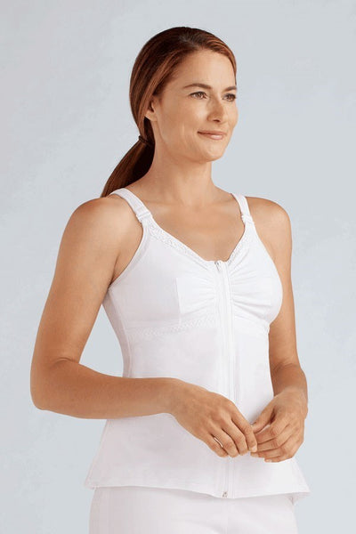 Hannah Post Breast Surgery Recovery Camisole    Zip front closure feature and padded, stretchable fabric straps fasten in front to make access during treatment easier and while recovering range-of-motion. Drain containment device with zip front closure and padded, stretchable fabric straps that fasten in front.